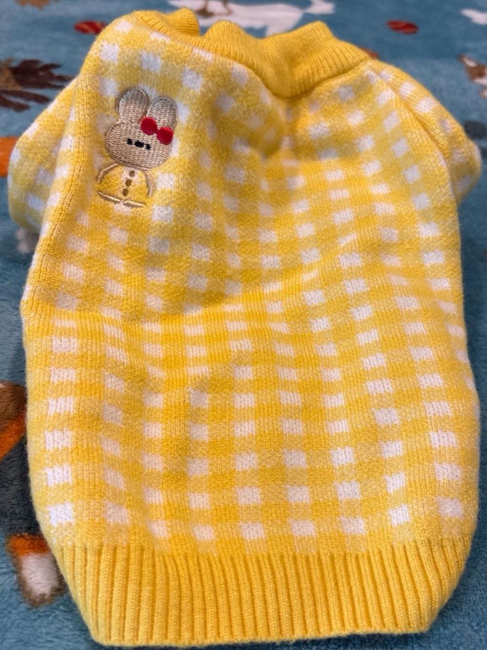 Yellow Gingham Knit Crewneck Pet Sweater with Bunny Motif